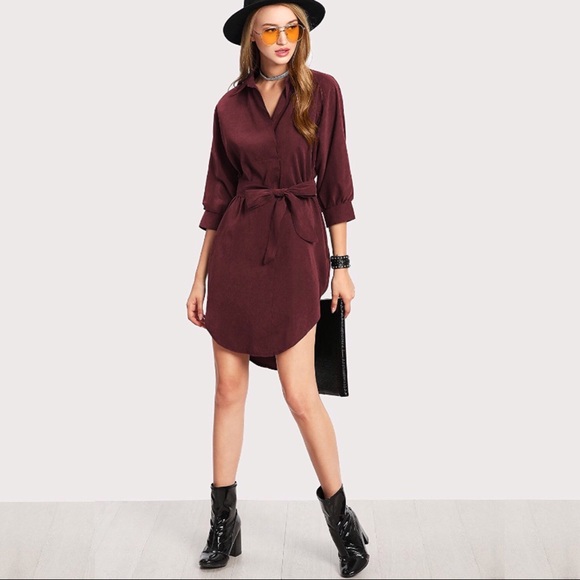 Burgundy Tie Waist Shirttail Hem High Low Shirt Dress - Picture 4 of 7